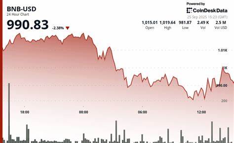 随着数字货币市场整体下行,币安平台的原生代币BNB价格跌破1000美元大关,投资者情绪持续低迷,恐惧与贪婪指数接近'恐惧'水平,市场技术指标显示超卖现象,将对未来行情和链上生态带来深远影响。
