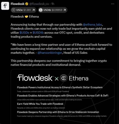 随着合成美元USDe市值突破140亿美元,Ethena与Flowdesk建立战略合作,旨在提升USDe和USDtb的流动性和市场影响力。本文深度解析Ethena生态系统的快速发展、两大稳定币特点及其在加密市场中的重要地位。
