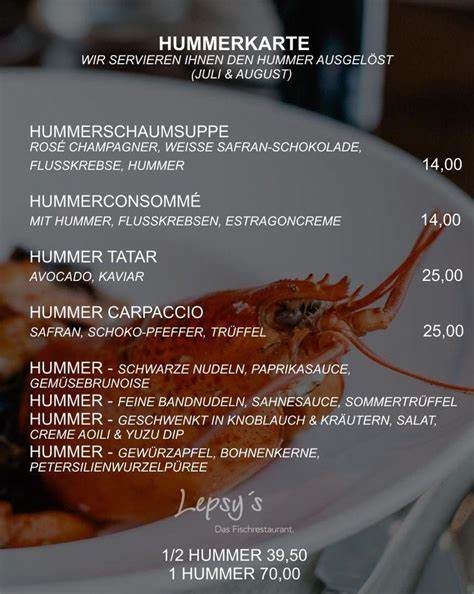 深入了解位于威利希的Lepsy's Fischrestaurant,这家以新鲜鱼类和海鲜为特色的德国餐厅,为顾客提供丰富的菜单选择、优质的服务以及便捷的在线订餐体验,满足各种口味需求。
