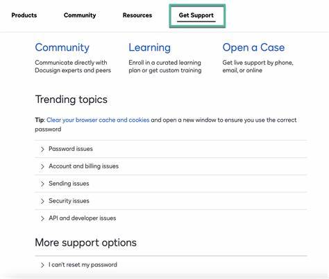 深入介绍 DocuSign 支持中心的功能与常见问题解决方案,涵盖账户访问、密码重置、发票获取、信封管理、API 开发支持与安全防护,帮助企业与个人更高效地使用电子签名服务。
