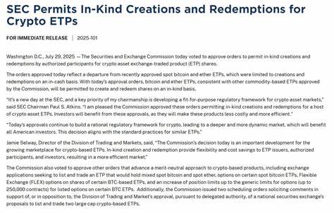 美国证券交易委员会(SEC)在2025年7月的重大决策,允许加密资产交易所交易产品(ETP)实行实物资产创建与赎回机制,同时多家交易所积极推动商品类ETP的通用上市标准改进,标志着加密资产市场走向更加规范与效率的监管环境。该举措不仅有助于降低投资成本,提高交易效率,还将促使加密ETP与传统商品基金更加趋同,对投资者和市场生态产生深远影响。
