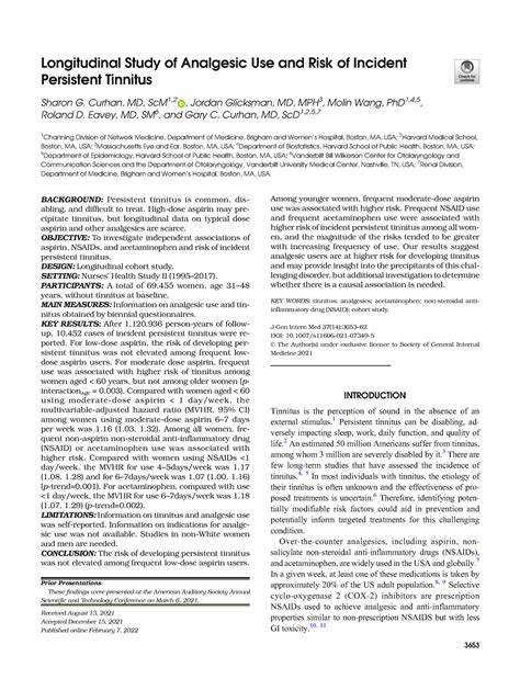 基于长达二十余年的大规模队列研究,解析阿司匹林、非甾体抗炎药、对乙酰氨基酚与持续性耳鸣发生风险的关联,阐明年龄、剂量与使用频率的差异及潜在机制,为用药安全与听力保护提供循证参考
