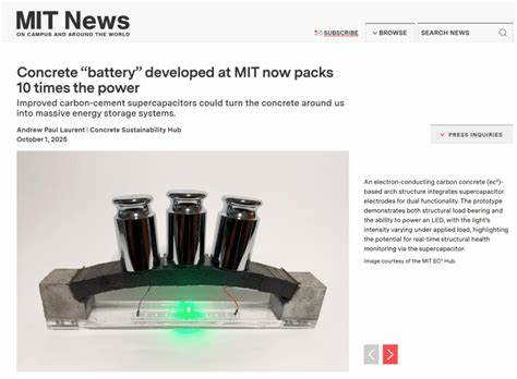 一种以碳-水泥为基础的导电混凝土(ec3)通过电解质和制造工艺优化,将能量密度提升十倍,使墙体、地面与桥梁具备储能与结构双重功能,为可再生能源与电动车充电带来全新可能性。
