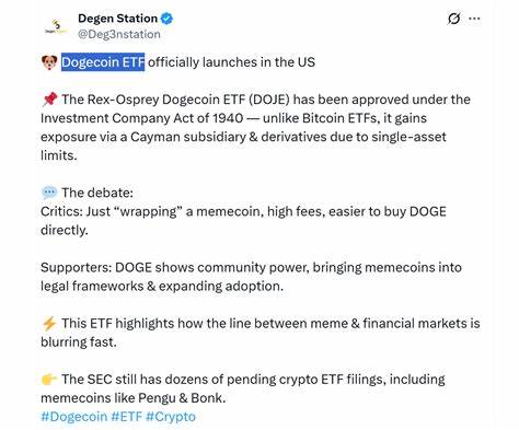 作为首支美国现货狗狗币ETF,Rex-Osprey旗下DOJE基金首日交易表现亮眼,彰显市场对加密货币ETF的强劲需求。与此同时,基金发行商迅速布局推出一款风险更高的杠杆型DOJE成长收益ETF,力求满足更激进投资者的需求,本文深入分析其市场表现、产品结构和潜在风险。
