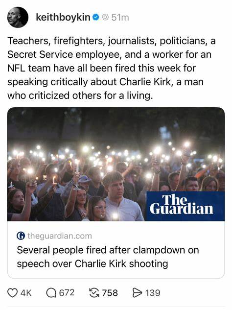 查理·柯克枪击事件引发社交媒体和公共言论的激烈反应,涉及教育、消防、军事以及传媒等多个领域,多人因表达观点而被解职或调查,折射出言论自由与社会责任之间的复杂矛盾。
