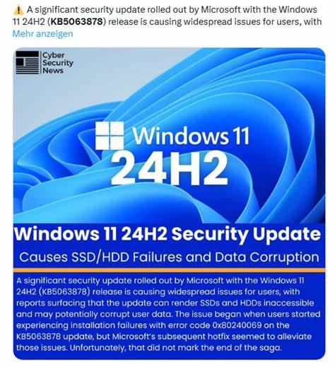 围绕 Windows 11 24H2 安全更新 KB5063878 后用户报告的 M.2 SSD 消失与不稳定现象展开分析,梳理已知症状、可能成因、制造商和微软的回应、可行的缓解措施与故障排查步骤,帮助个人与企业采取稳妥的保护与应急策略
