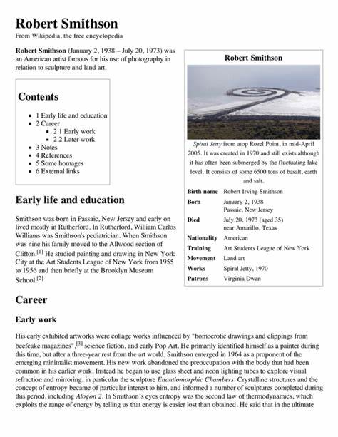 深入了解美国艺术家罗伯特·史密森的生平和作品,揭示他如何以创新的土地艺术打破传统艺术边界,影响了现代艺术的发展。本文全面介绍史密森的艺术理念、代表作及其对艺术界的深远影响。

