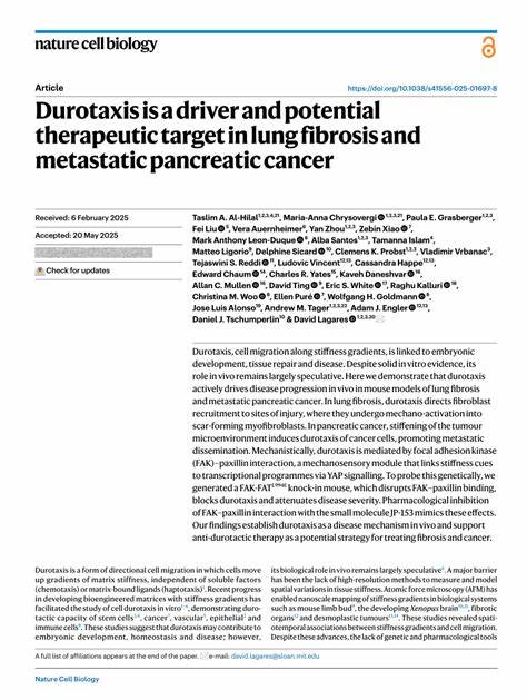 介绍硬度趋向性在肿瘤转移与纤维化中的作用、关键分子机制及最新研究进展,评估以阻断FAK-paxillin相互作用为核心的治疗策略潜力与挑战,展望未来临床转化路径与组合疗法方向
